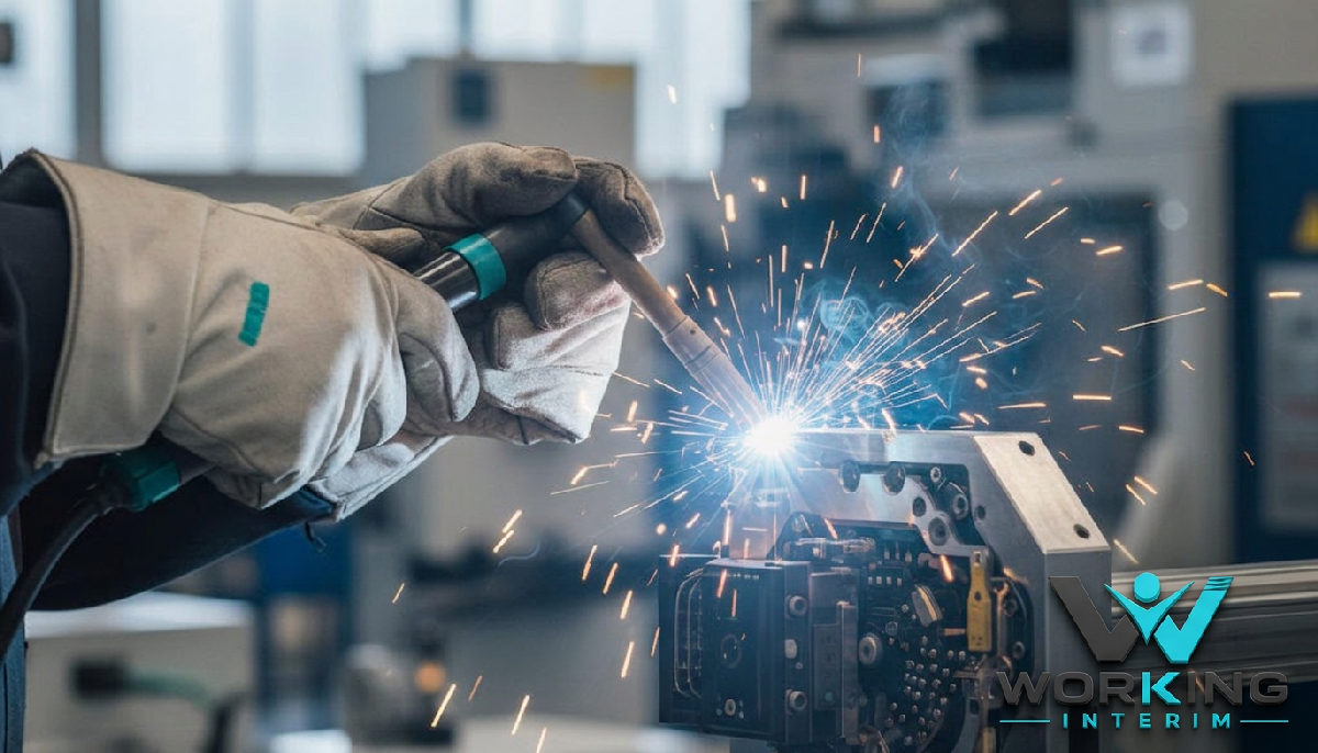 Gros plan sur les mains d'un soudeur professionnel en usine industrielle française.