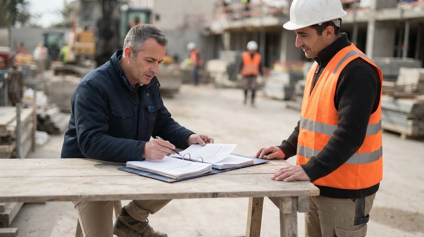 Un inspecteur du travail contrôle des documents administratifs sur un chantier.