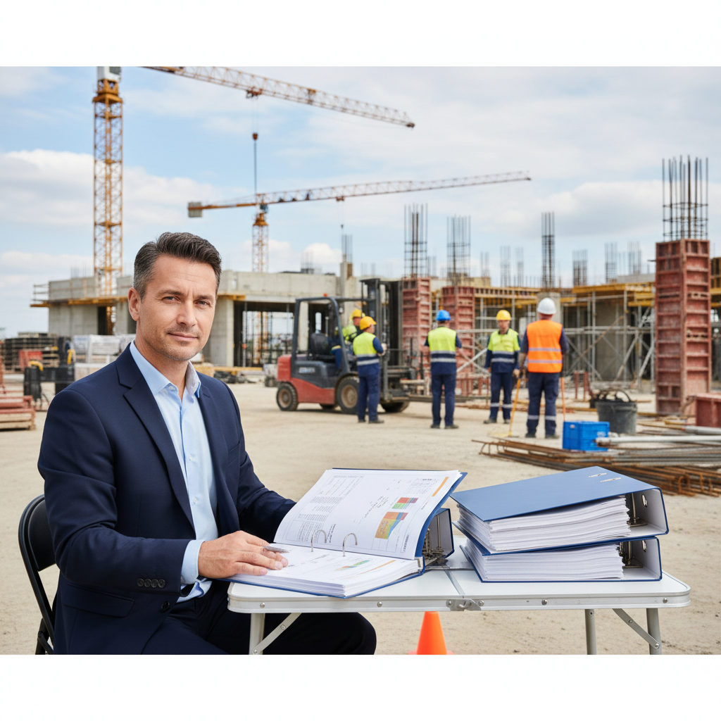 Un inspecteur du travail vérifiant des documents de conformité en toute sérénité, tandis qu'à l'arrière-plan, une équipe travaille sur un chantier bien organisé.