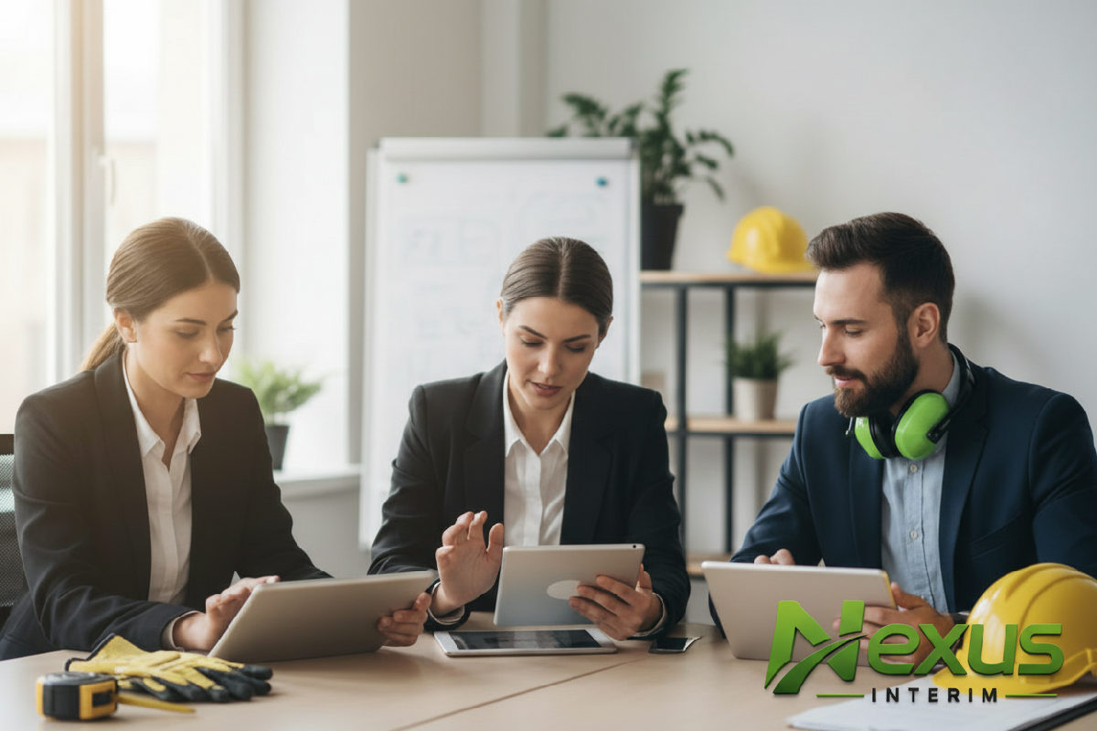 Recruteurs analysant des candidatures, avec casques de chantier.