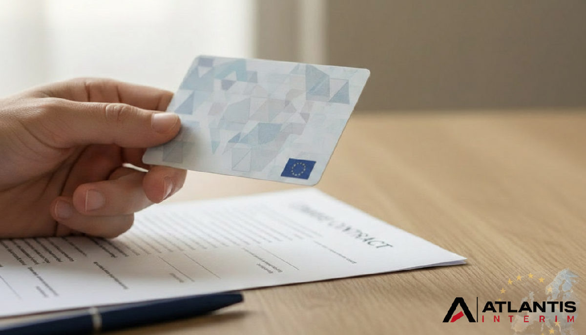 Main tenant une carte d'identité européenne et un contrat de travail.