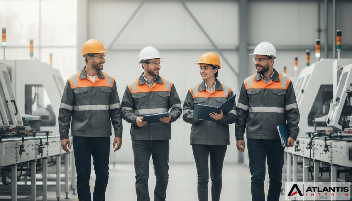 Travailleurs en tenue de sécurité dans un environnement industriel moderne.