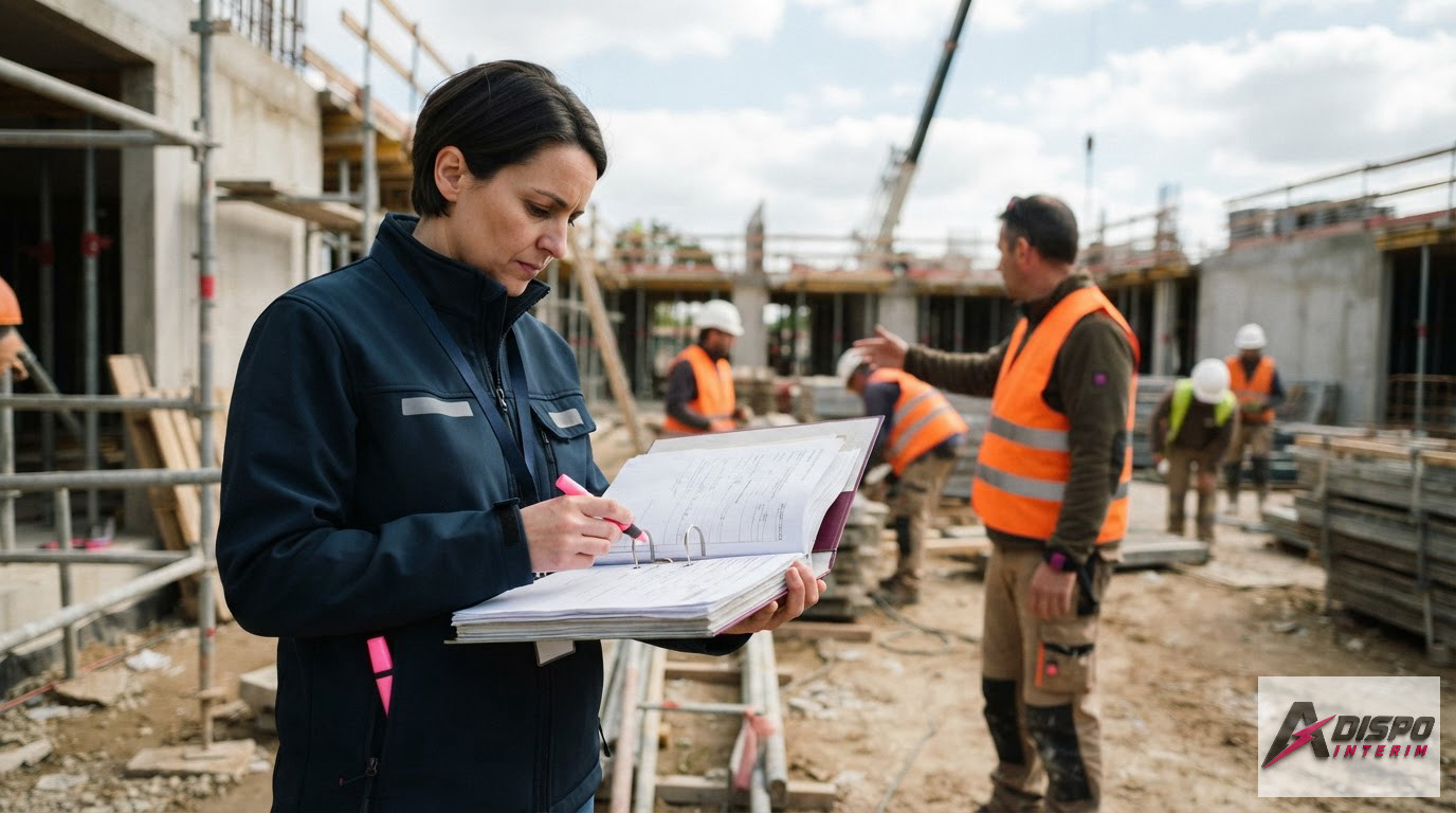Un inspecteur du travail contrôlant des dossiers sur un chantier de construction.