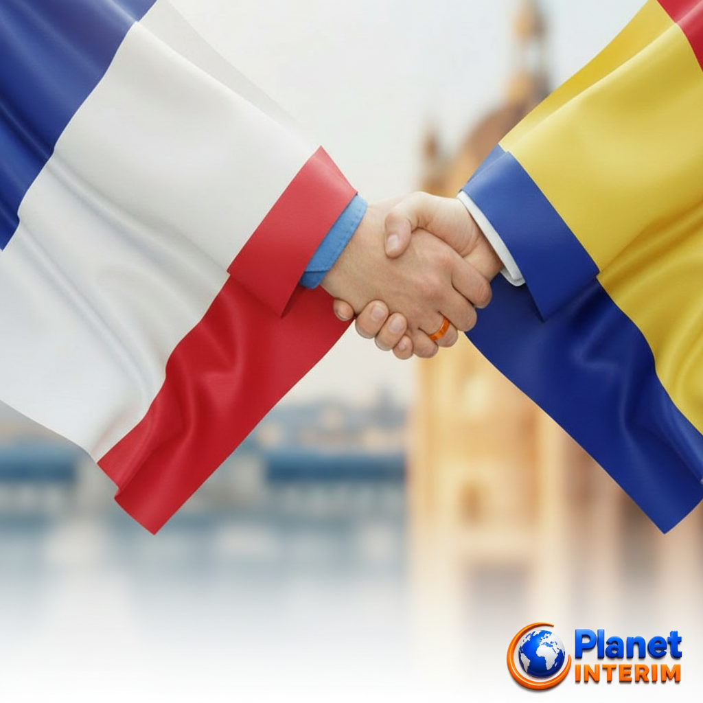 Poignée de main entre les drapeaux français et roumain, symbole de partenariat.