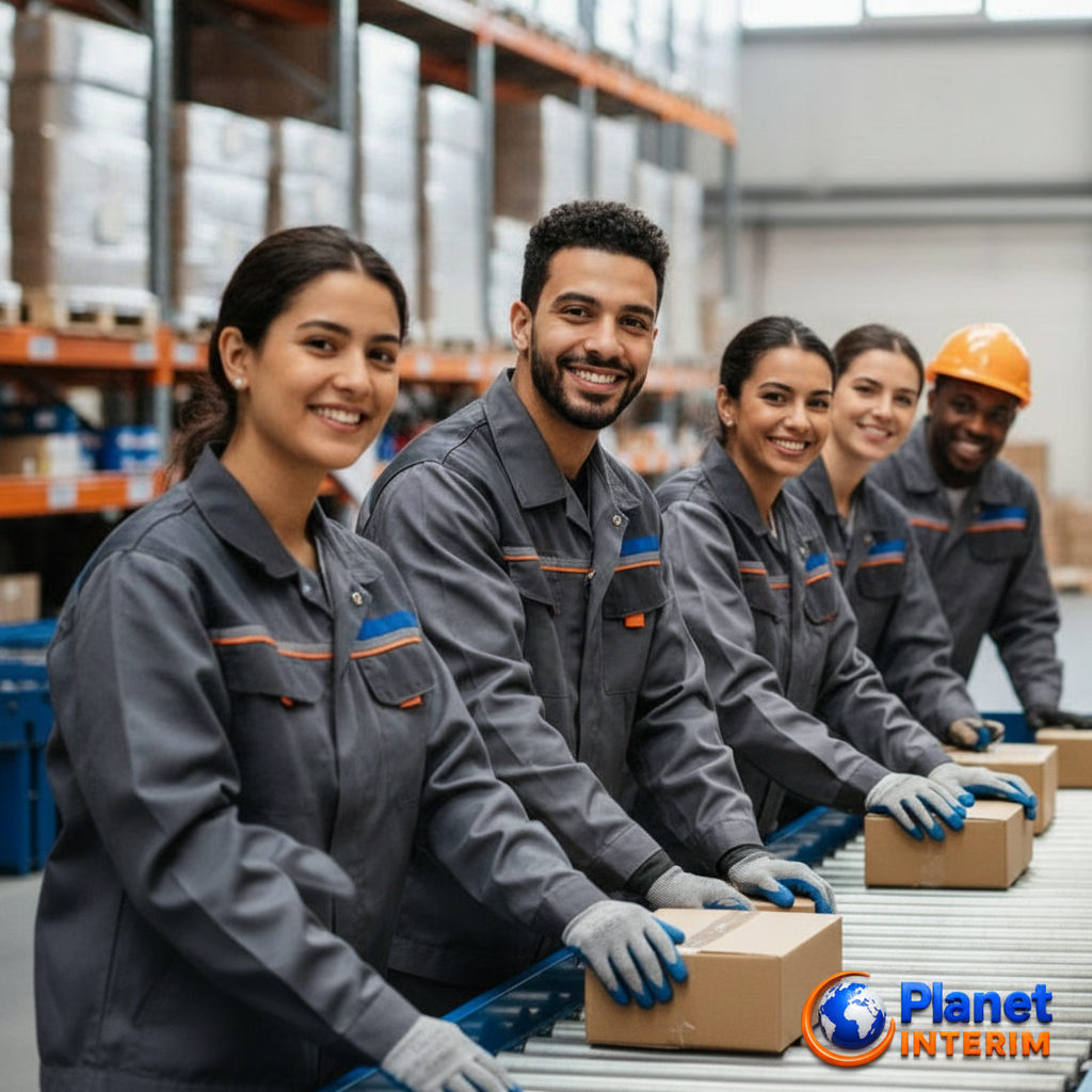 Équipe diversifiée souriante travaillant dans un entrepôt logistique moderne.