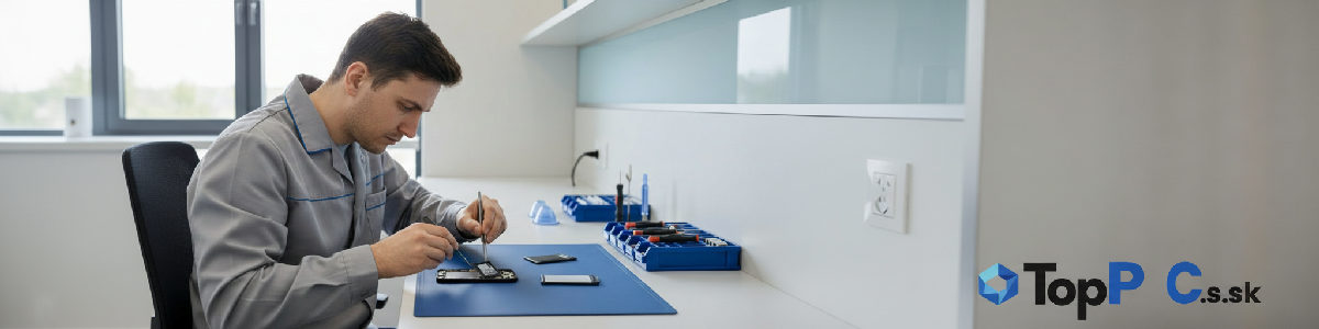Technik vymieňa batériu v smartfóne pomocou nástrojov.