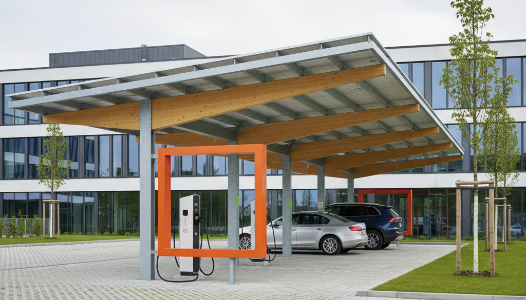 Carport s FVE panely a nabíjecími stanicemi.