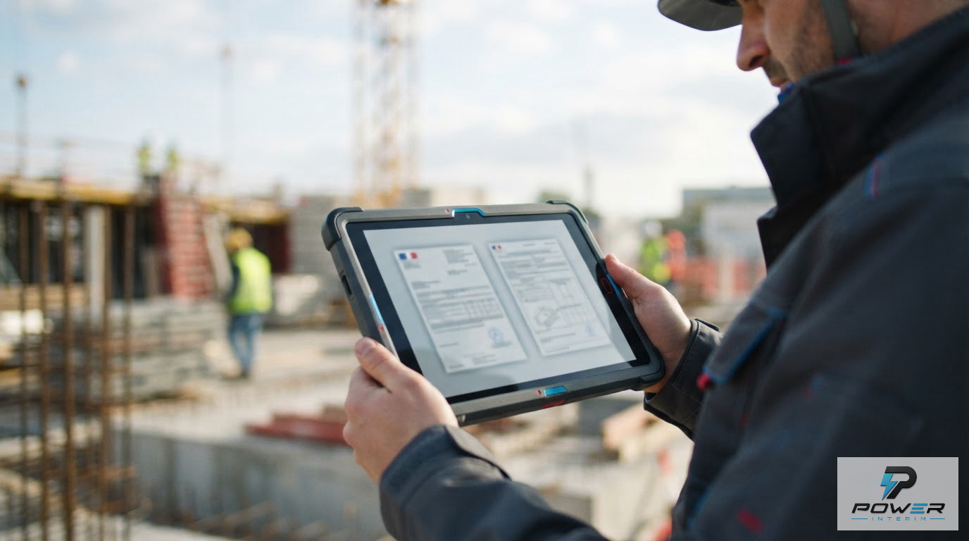Tablette affichant des documents de conformité administrative sur un chantier.