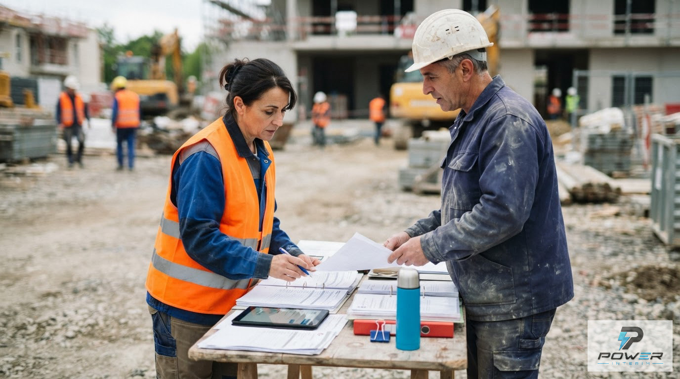 Un inspecteur vérifie des documents officiels avec un chef de chantier.