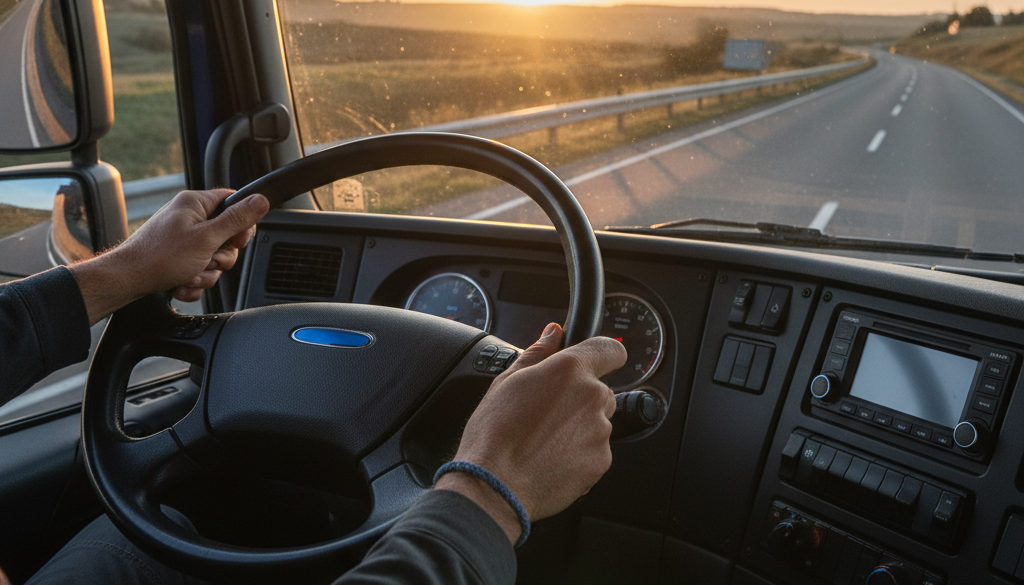 Conducteur au volant, mains sur le volant au lever du soleil.