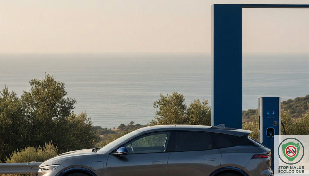Symbole de taxe écologique sur un tableau de bord de voiture en Espagne.