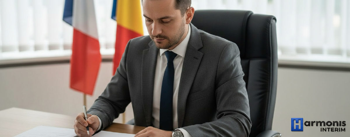 quelles obligations agence interim roumanie france? - Agent RH examinant des documents avec drapeaux France et Roumanie.