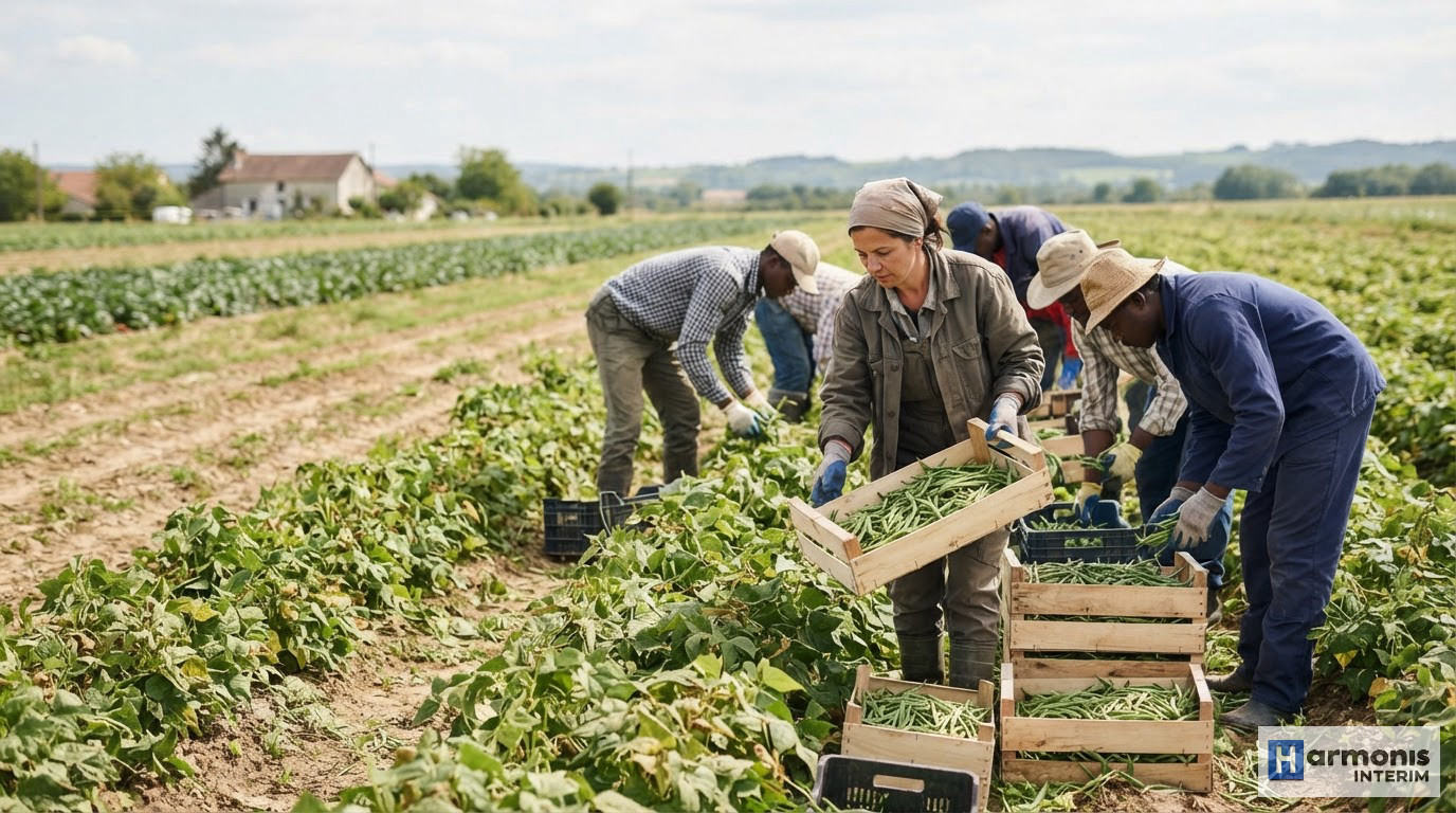 détacher travailleurs agricoles roumains règles saison - Des travailleurs agricoles roumains récoltant des légumes dans un champ français.