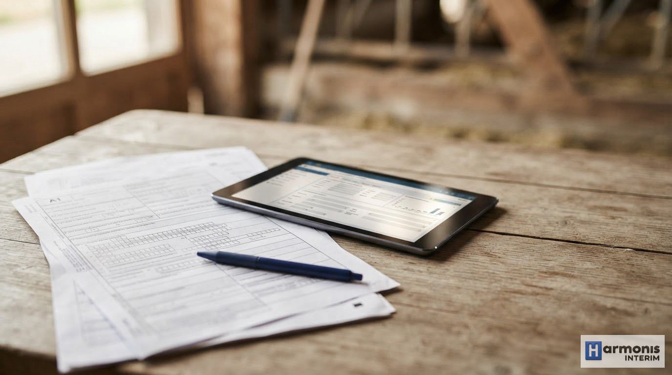 Un formulaire A1 et une interface SIPSI sur tablette dans une exploitation agricole.