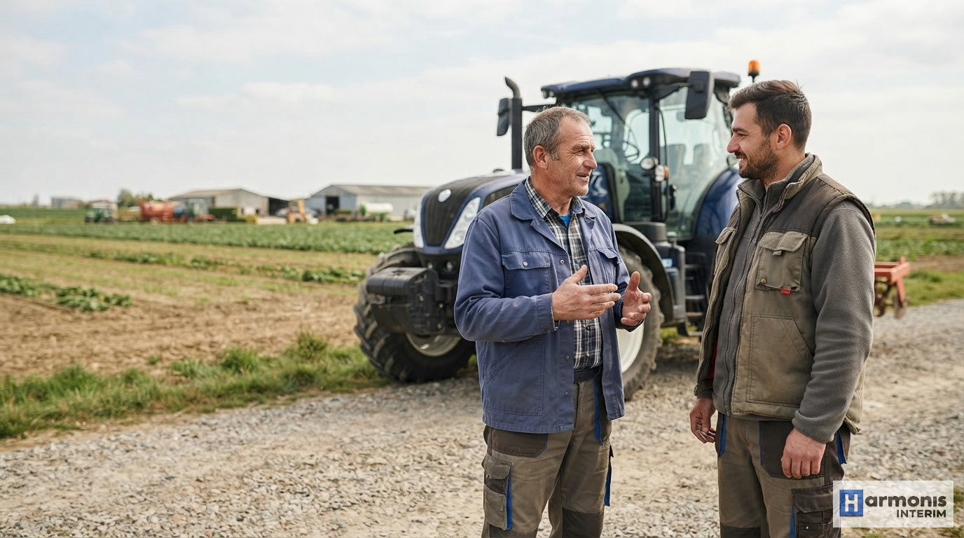 Un agriculteur français discutant avec un chef d'équipe roumain devant un tracteur.