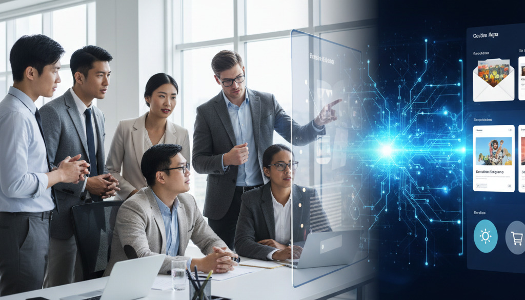 Marketing team collaborating with AI to generate personalized email variations.