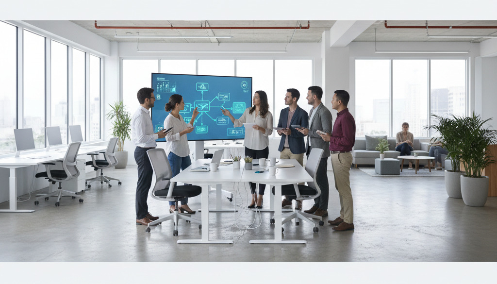 Employees strategizing an AI implementation roadmap in a modern office setting.
