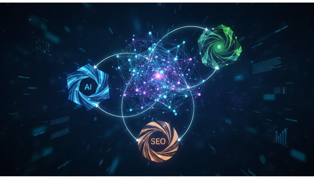 Futuristic infographic illustrating AI, Machine Learning, and SEO's connection.