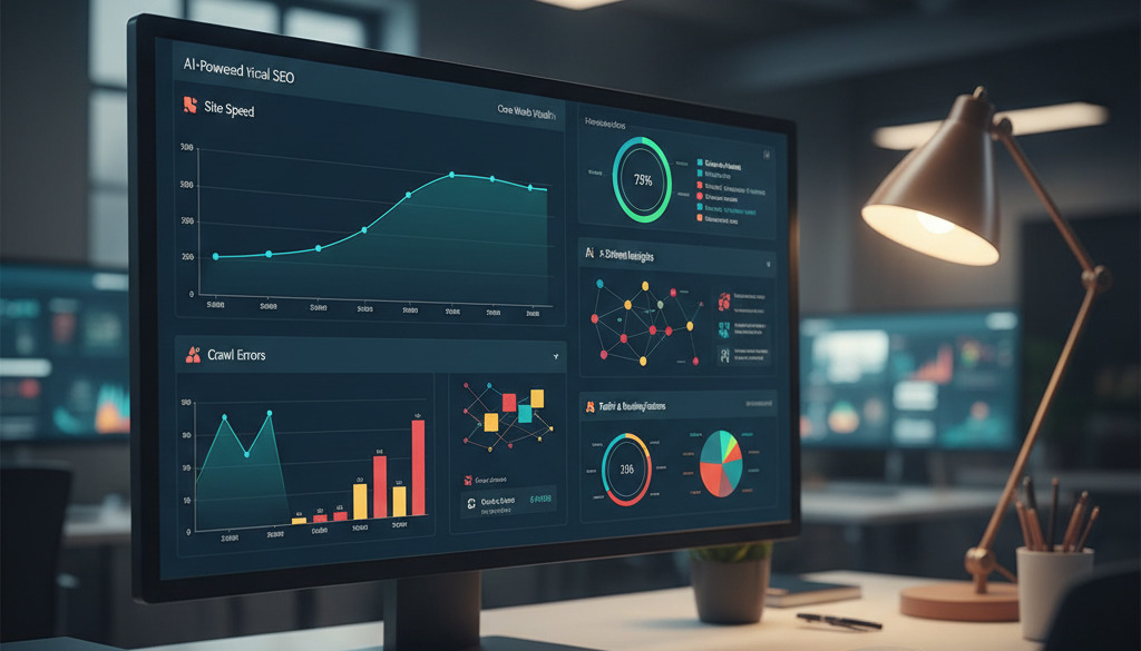 AI dashboard displaying technical SEO metrics and site health.