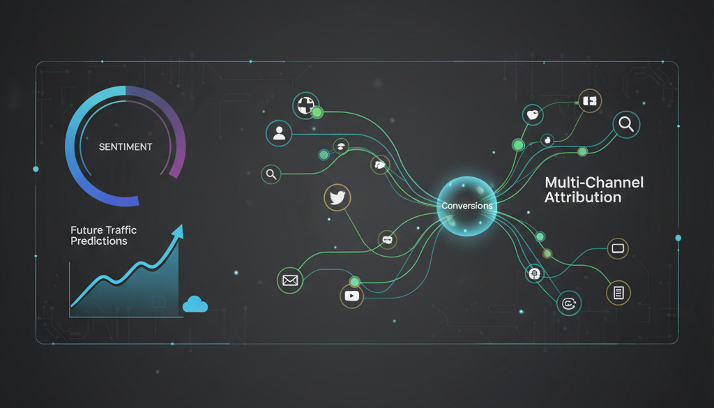 Visualizzazione dati che mostra metriche SEO, sentiment e previsioni di traffico.