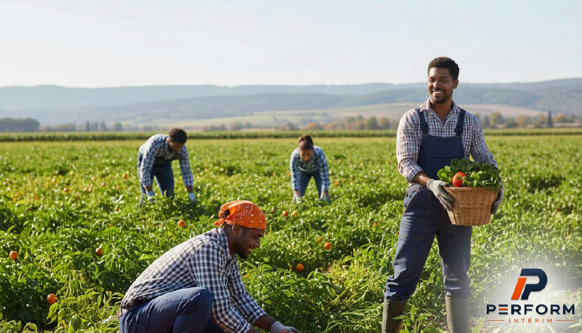 intérim agriculture - Travailleurs agricoles récoltant des légumes dans un champ ensoleillé.