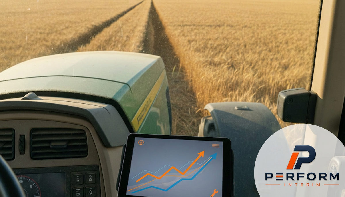 Tableau de bord financier sur une tablette posée sur un tracteur.