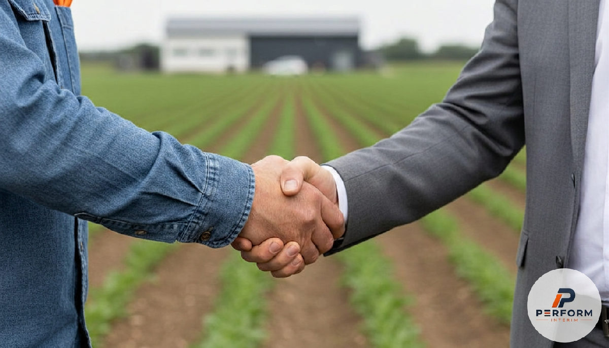 Poignée de main entre un agriculteur et un consultant en recrutement.