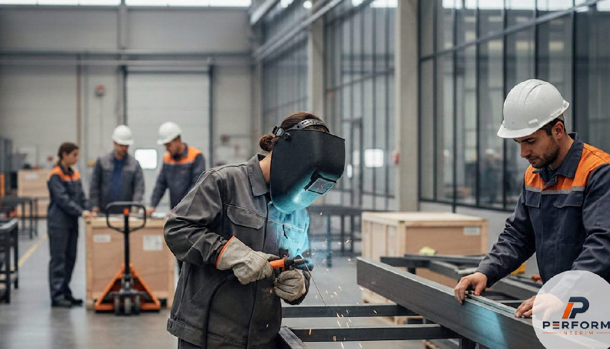 Ouvriers roumains qualifiés travaillant sur un site industriel français moderne.