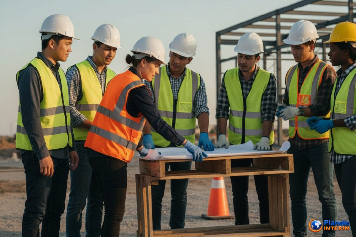 Superviseur de chantier vérifiant des documents avec une équipe diversifiée.