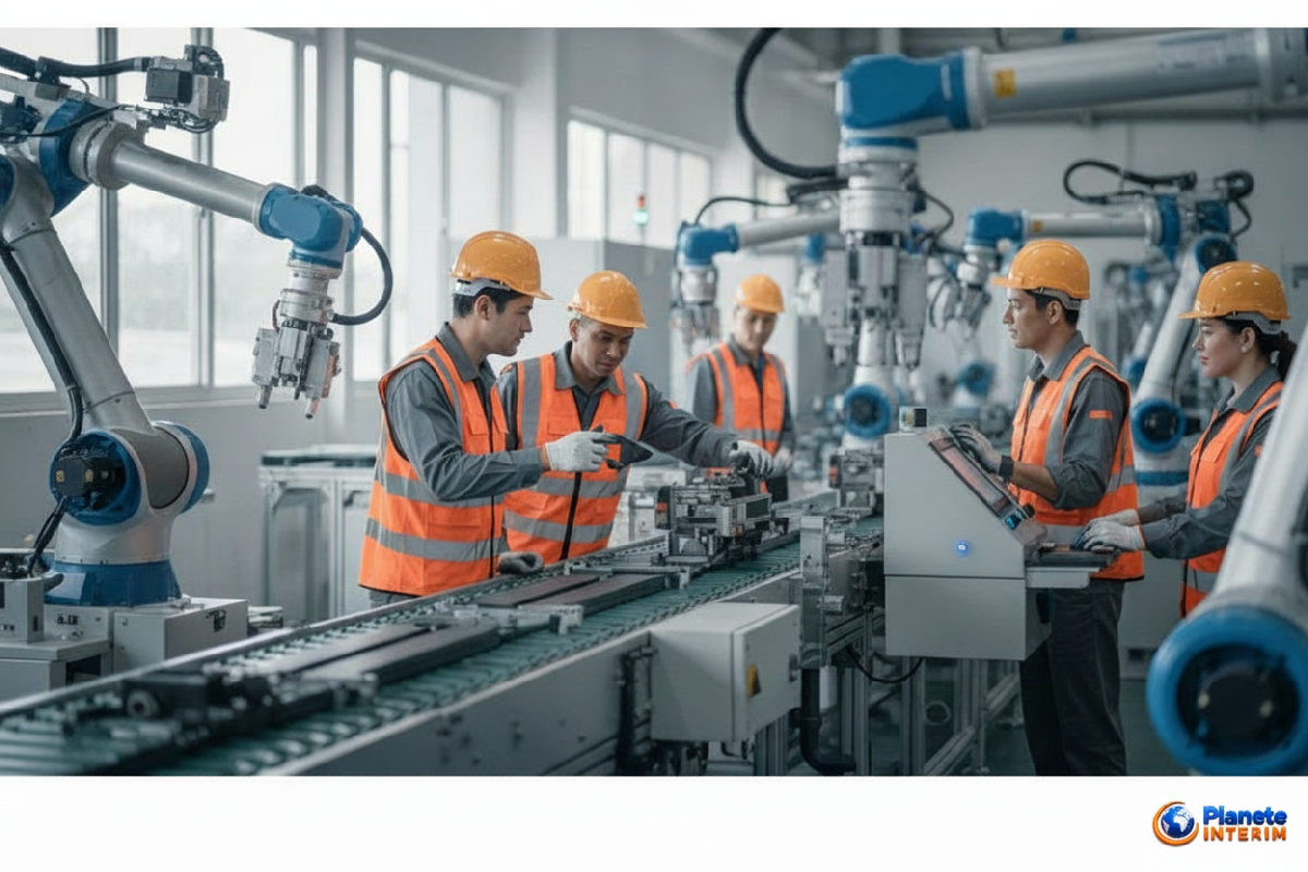 Travailleurs industriels sur une chaîne de production moderne, symbolisant l'efficacité.