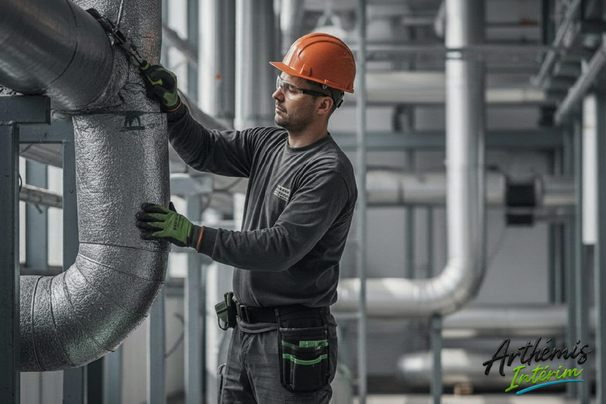 comment vérifier un calorifugeur roumain – Un professionnel installe un isolant sur des tuyaux industriels.