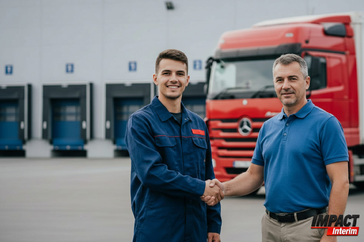 Poignée de main entre un responsable logistique et un chauffeur.
