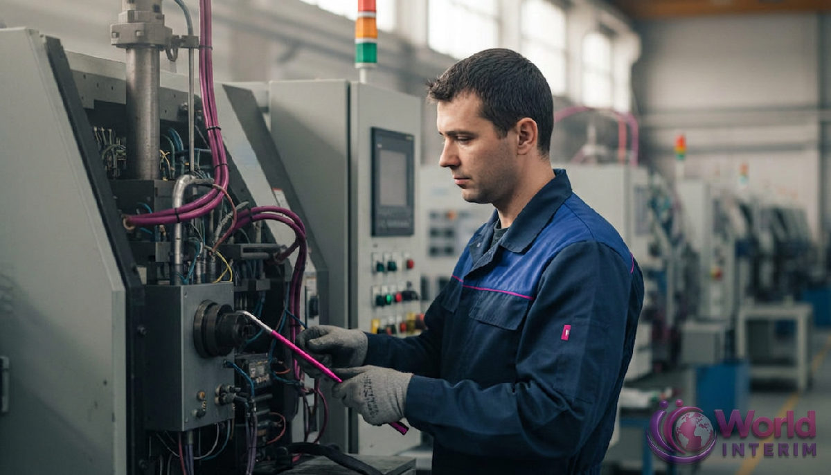 Portrait d'un technicien bulgare effectuant la maintenance d'une machine industrielle complexe.