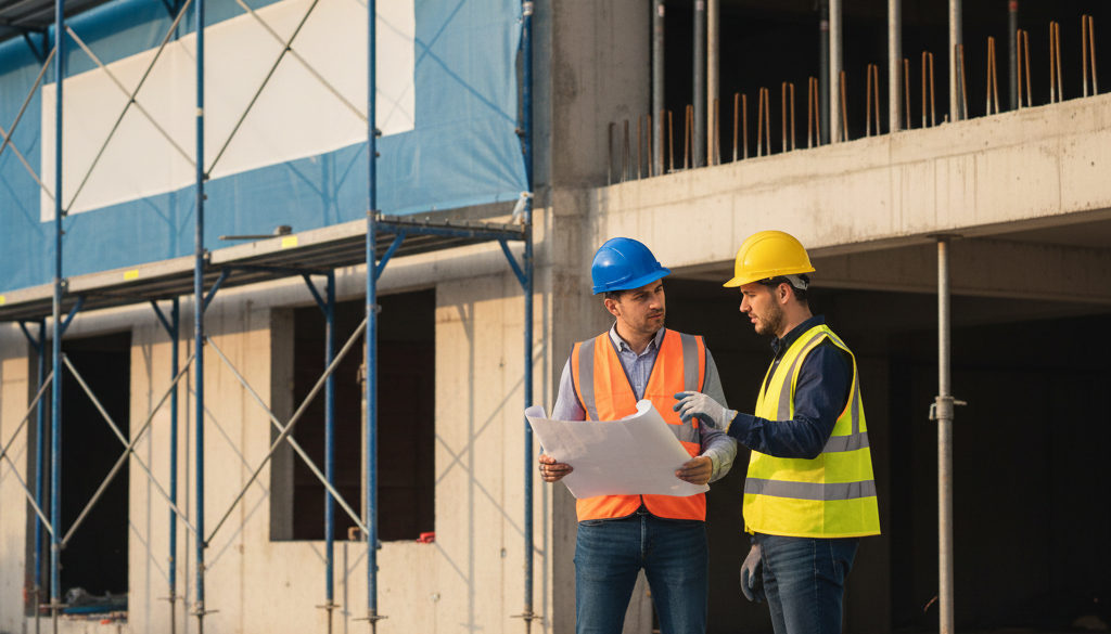 législation travail détaché France conformité - Chef français et ouvrier roumain devant un chantier.
