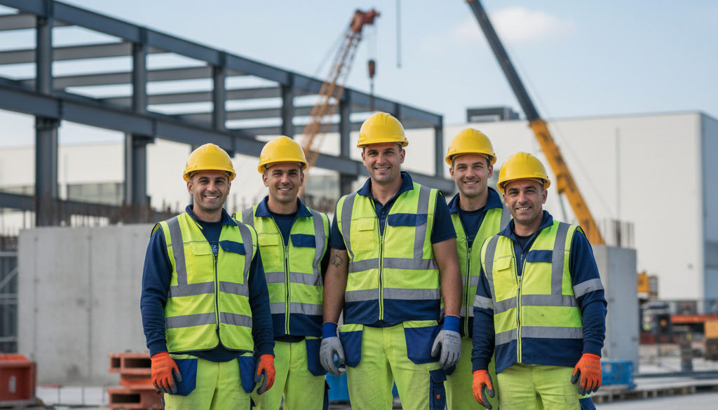 Ouvriers roumains souriants sur un site industriel français.