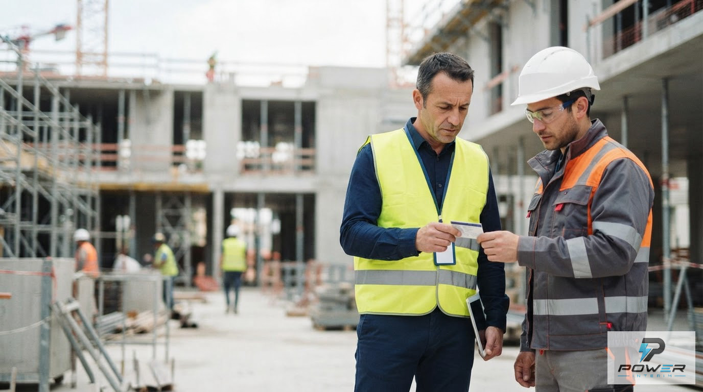 Un inspecteur vérifiant une Carte BTP sur un chantier de construction.
