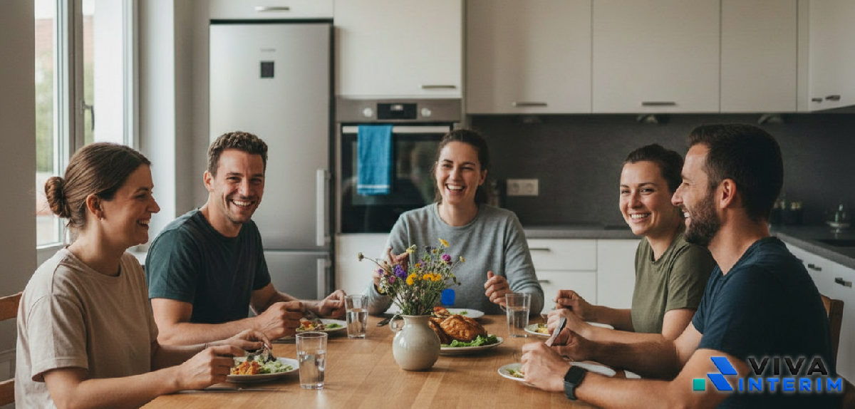 Intérimaires souriants partageant un repas en logement spacieux.