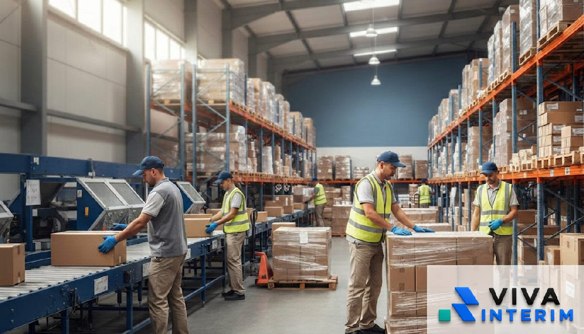Entrepôt logistique animé avec des travailleurs roumains en été.