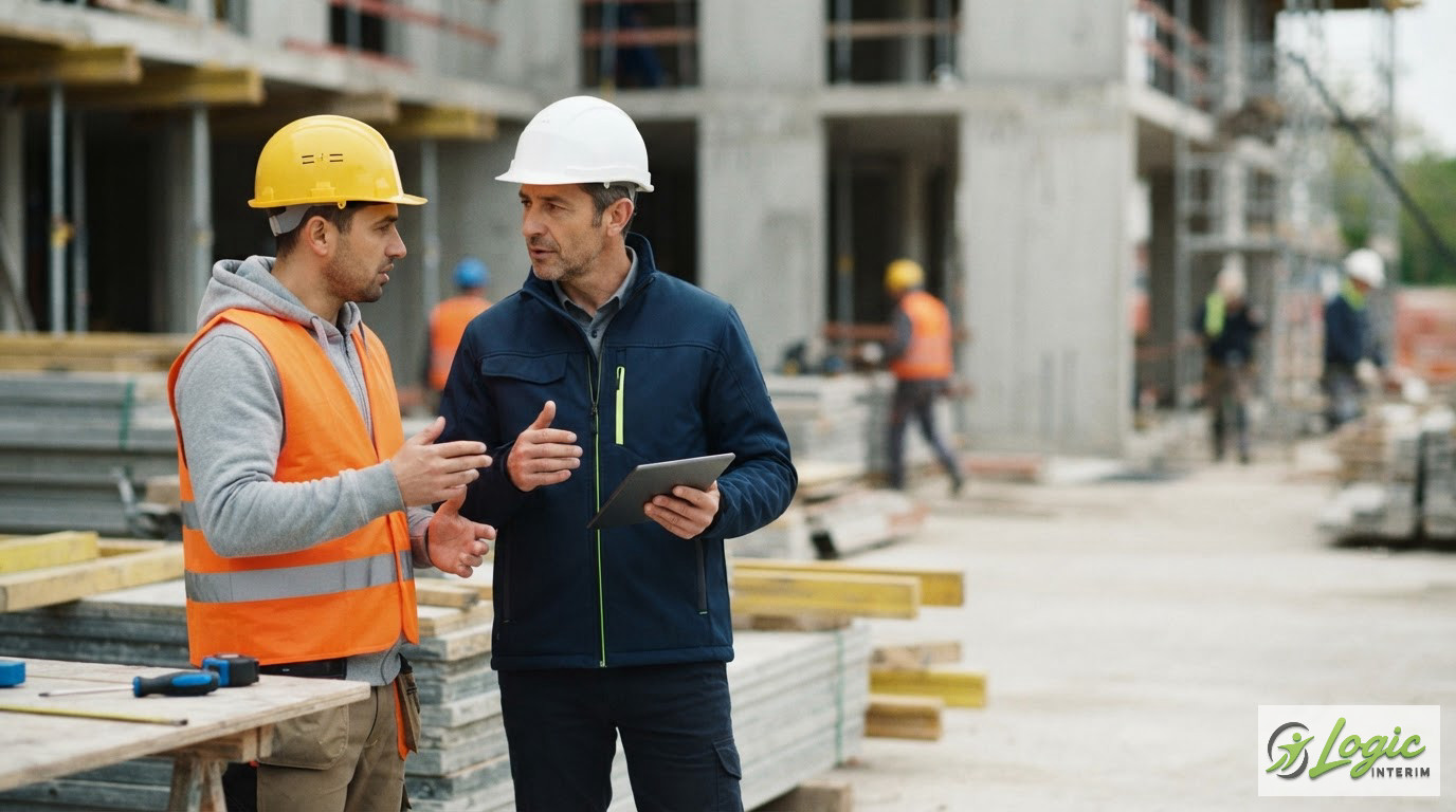 Deux professionnels discutant en toute conformité sur un chantier de construction.