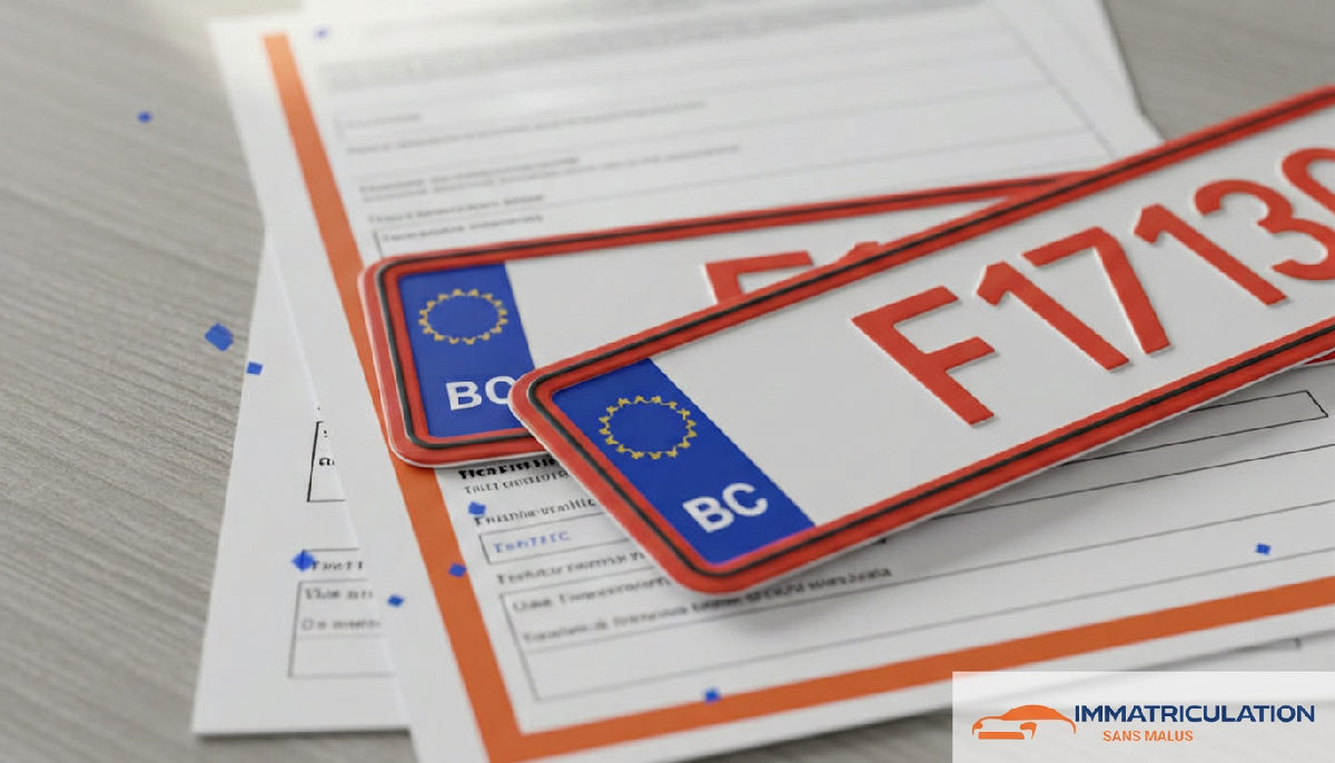Gros plan sur des documents d'immatriculation et plaques rouges roumaines.