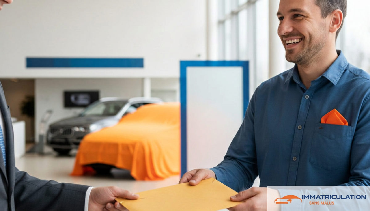Conducteur souriant reçoit son immatriculation définitive pour voiture importée.