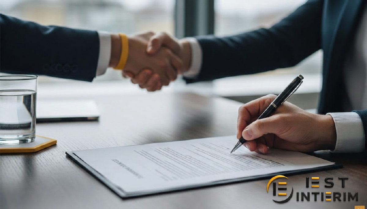 Signature d'un contrat intérim, officialisant la fin du processus sélection.