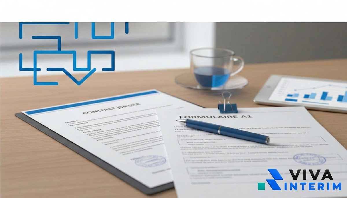Contrat de travail et formulaire A1 sur un bureau.