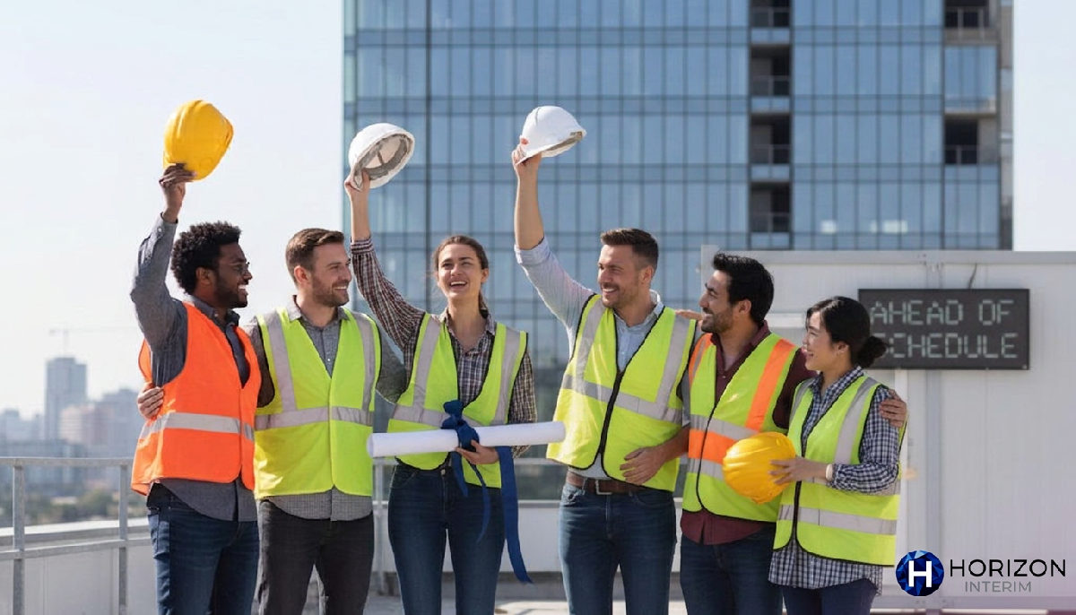 Équipe multiculturelle fête fin de chantier avancée.