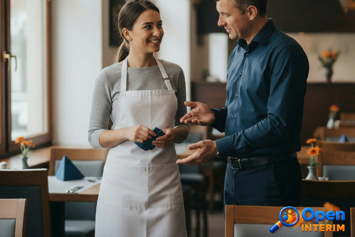 Formation d'un employé roumain aux procédures de service en restaurant.