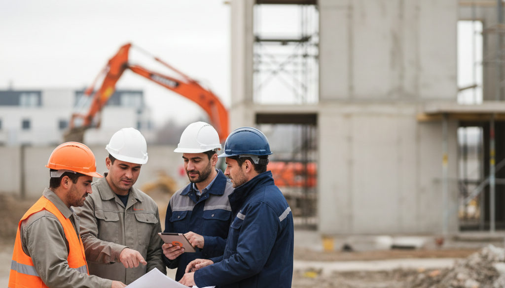 Travailleurs roumains et managers français collaborant sur un chantier.