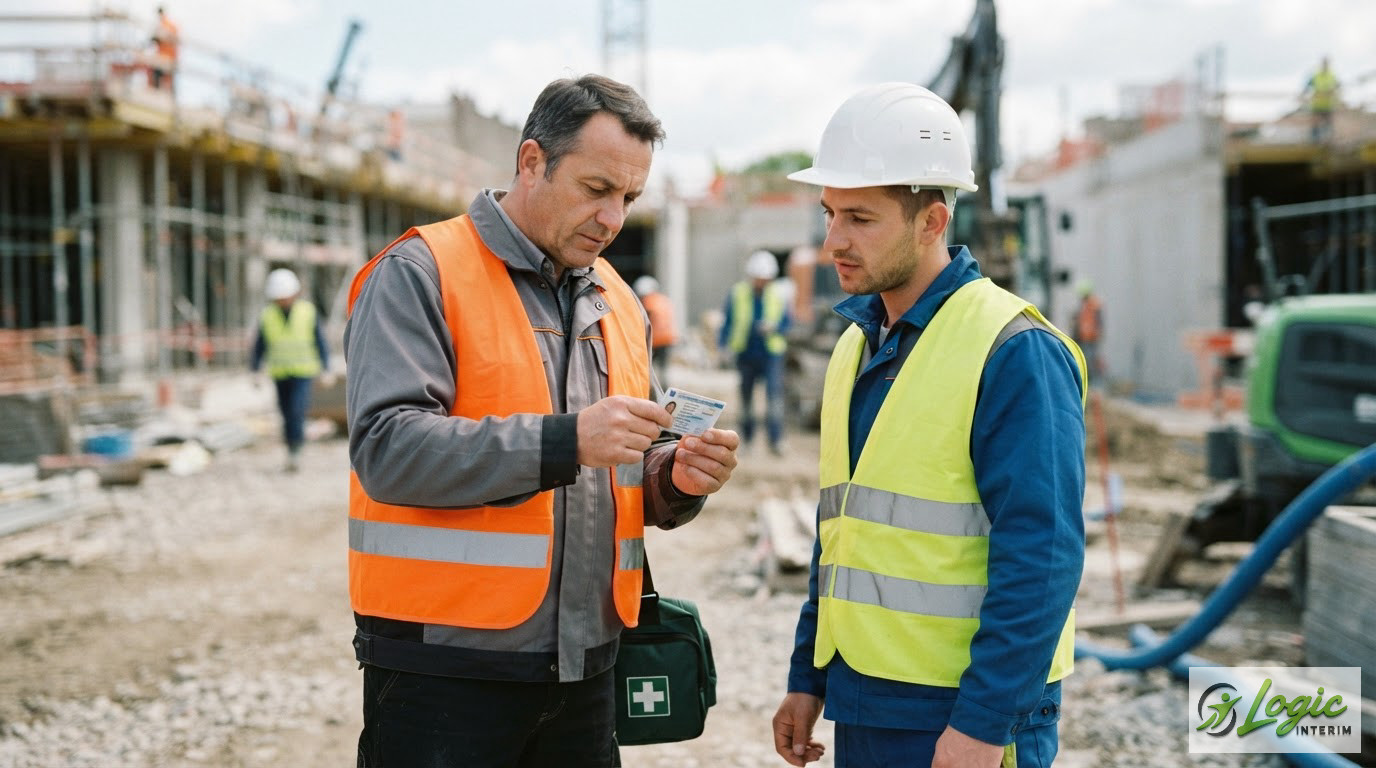 Un inspecteur vérifiant la carte BTP d'un ouvrier roumain sur un chantier.