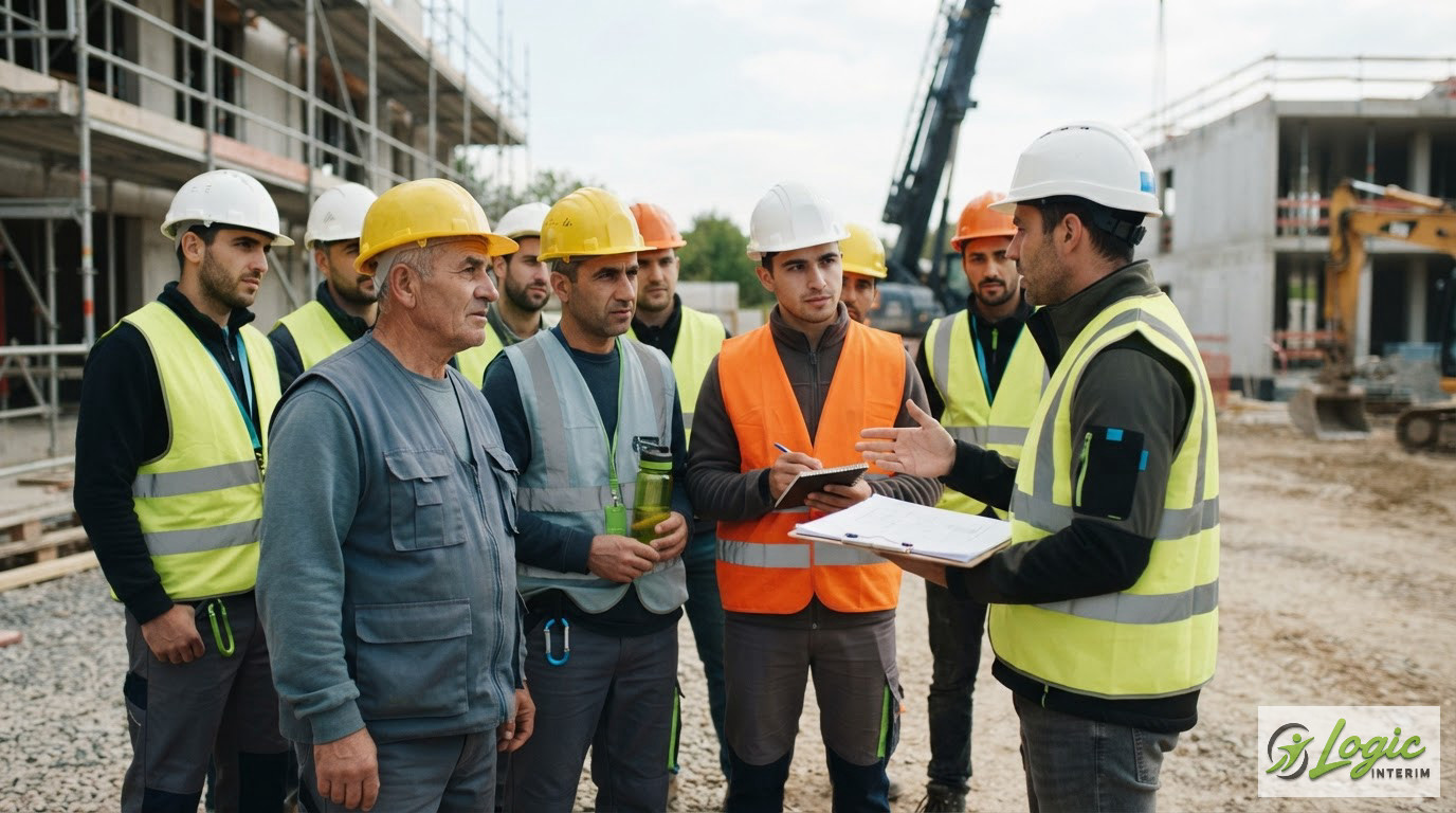 Réunion de sécurité sur un chantier avec des ouvriers portant casques et gilets.