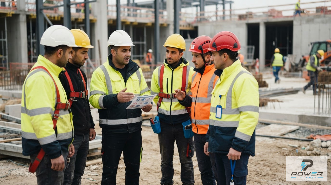 Ouvriers en réunion sécurité matinale sur un chantier avec leurs équipements.