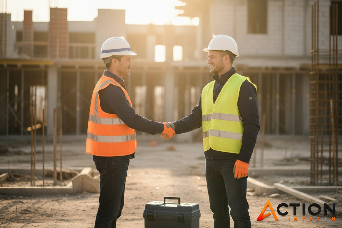 Chef de chantier français et ouvrier roumain se serrent la main.